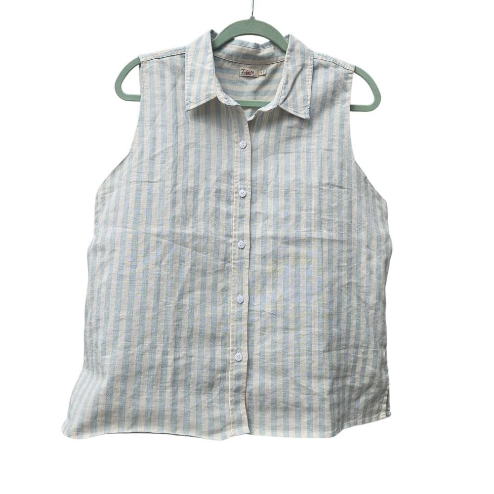 Women's Faherty Malibu Sleeveless Linen Blend Shirt Blue Cinque Terre Stripe L